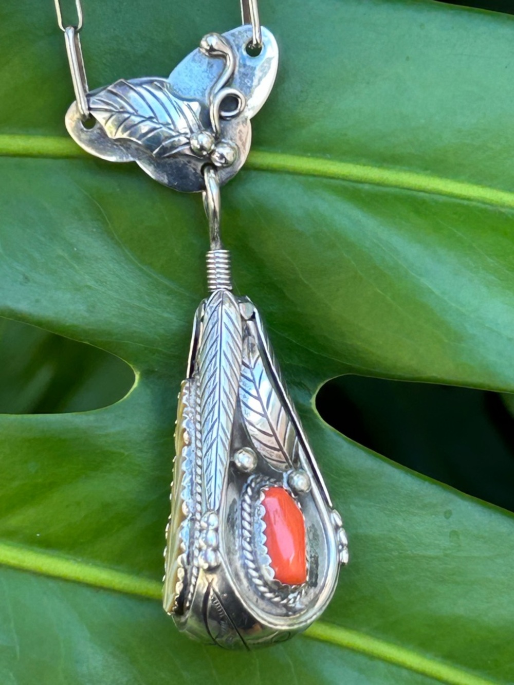 Artisan Juan Pedro Garcia sterling silver swiveling coral turquoise MOP Necklace - Picture 2 of 16